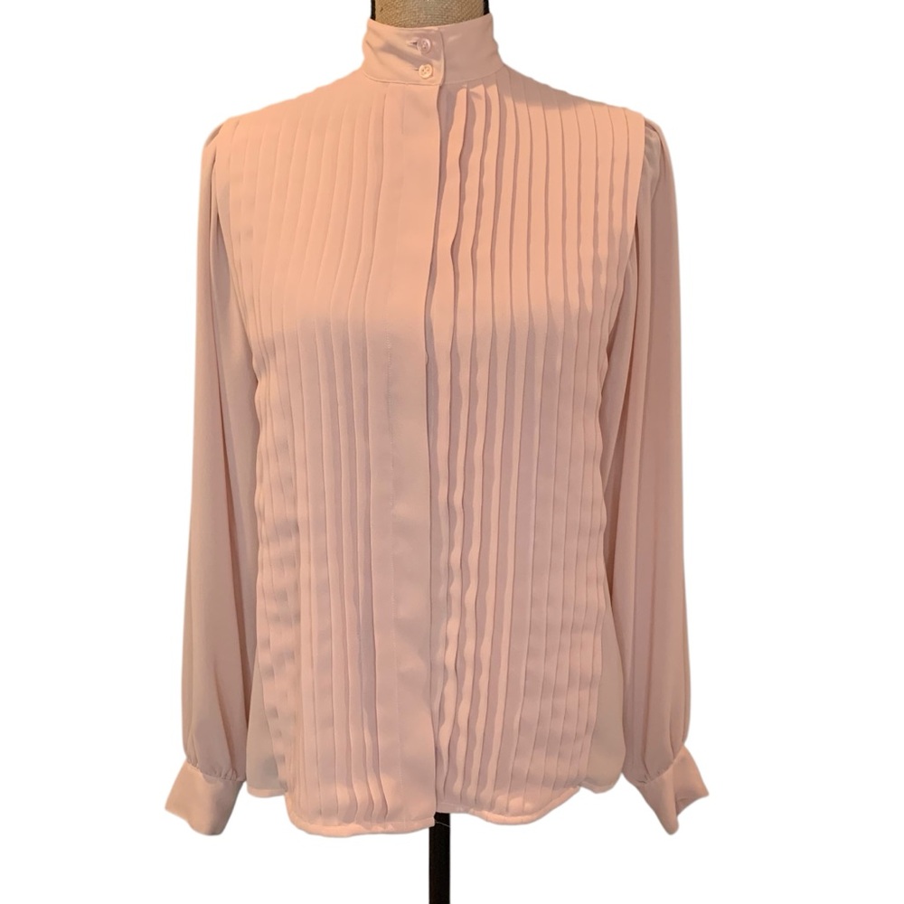 Vintage Pink Pleated Long Sleeve Blouse